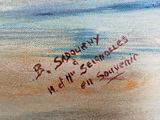 a painting of a beach scene with a message written on it