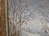 an oil painting of a snowy landscape with trees and a stream in the foreground