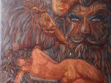 tableau représentant un lion et une femme, avec une tête de lion en arrière-plan