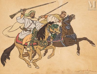 deux hommes à cheval, armés de lances