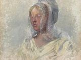 tableau représentant une femme portant un voile sur la tête et vêtue d'une robe blanche