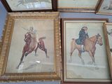 three framed pictures of a man riding a horse and a woman riding a horse