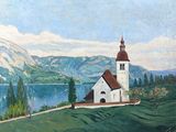 tableau représentant une église sur une colline, avec un lac en arrière-plan