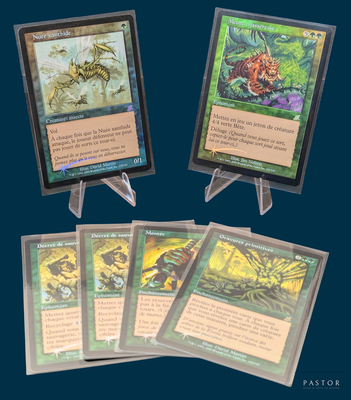 several cards are displayed on a stand with a blue background