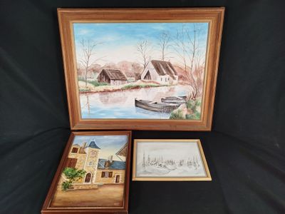 peinture représentant une maison et un bateau sur fond noir