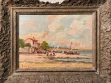 une peinture à l'huile représentant une scène de plage avec des bateaux sur l'eau