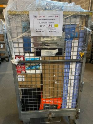 a cart with a lot of boxes on it in a warehouse