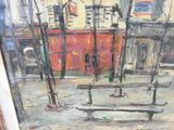 une peinture représentant un banc devant un immeuble