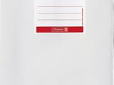 a close up of a white folder with a red label on it
