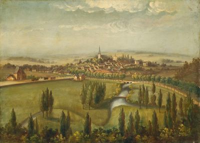 une peinture à l'huile représentant une vue d'une ville avec une rivière au premier plan