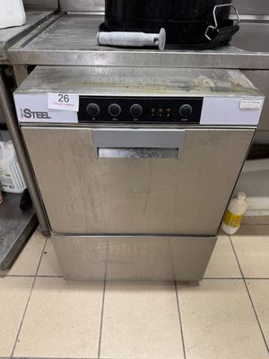 a silver dishwasher sitting on top of a kitchen counter