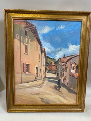 an oil painting of a street scene with buildings and a person on a bike