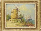 un tableau représentant un moulin à vent sur une colline, avec des arbres en arrière-plan