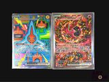 two pokemon cards are sitting side by side on a black surface