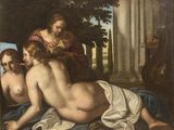 painting of three nudes in a landscape with a man and a woman