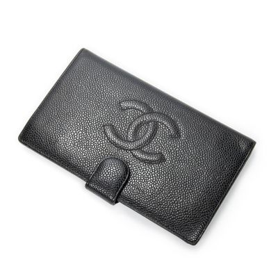 a black leather wallet with a logo on the front