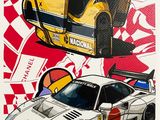 une peinture représentant un bus et une voiture sur un fond rouge et blanc