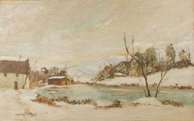 une image représentant un tableau d'une ferme sous la neige