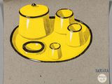 un dessin représentant une assiette jaune sur laquelle sont posées des tasses et des soucoupes