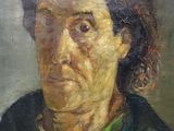painting of a woman in a green shirt and a black hat