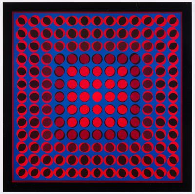 une image représentant un carré rouge et bleu avec des cercles