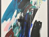 an abstract painting with blue, red, and black paint on a white background
