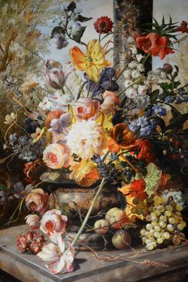 une peinture représentant un vase de fleurs sur une table