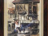 painting of a woman washing clothes on a clothes line in front of a house