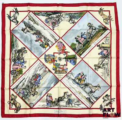 un gros plan sur un foulard carré rouge et blanc orné de portraits