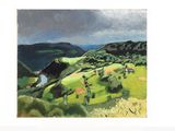 a painting of a landscape with hills and trees