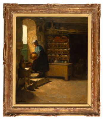 une peinture à l'huile représentant une femme assise dans une cuisine avec une casserole