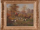 une image représentant un tableau où l'on voit un homme à cheval avec un troupeau de cerfs