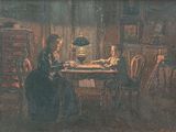 painting of two women playing a game of checkers in a dark room