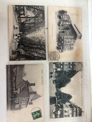 plusieurs vieilles photos en noir et blanc représentant un bâtiment et une horloge