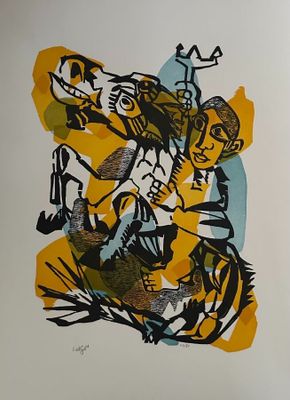 an image of a painting of a man and a woman on a horse