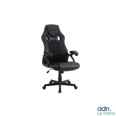 La chaise de bureau est noire et son assise est en cuir noir.