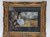 an image of a painting of a couple sitting on a bench in a field