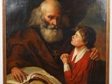 an old painting of an old man and a young boy with a skull