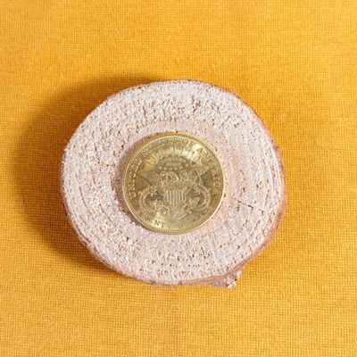 a small coin sitting on top of a piece of cloth