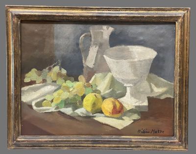 painting of a still life of fruit and a pitcher on a table