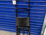 an image of a black ladder leaning against a blue garage door