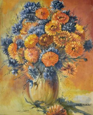 une peinture de fleurs dans un vase sur une table