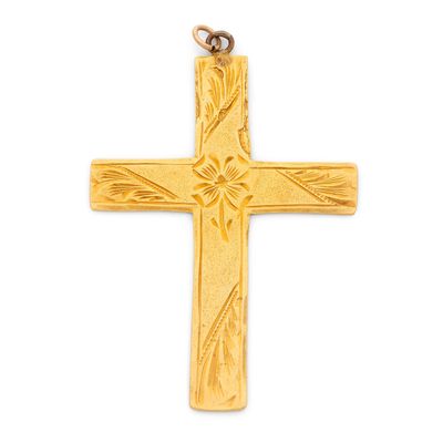 Pendentif en forme de croix en or jaune 14 carats avec un motif floral