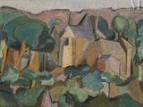 un tableau représentant des maisons et des arbres en arrière-plan