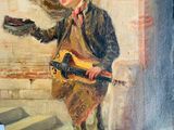 painting of a boy with a guitar and a dog in front of him