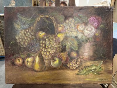 peinture d'une nature morte de fruits et de fleurs sur une table