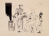 a drawing of a group of people sitting around a table