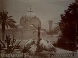 a black and white photo of a building and palm trees