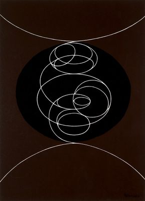 un dessin en noir et blanc représentant des cercles sur fond noir