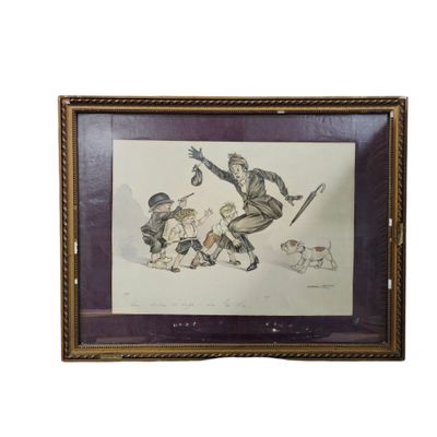 an image of a painting of a group of people playing with a dog